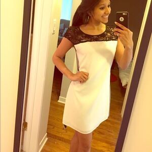Colorblock Lace Neck Express belted shift dress